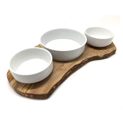 RUSTY TRIO feeding station for wet food, dry food &amp; water with 2x 0.4 L and 1x 0.9 L porcelain bowl olive wood